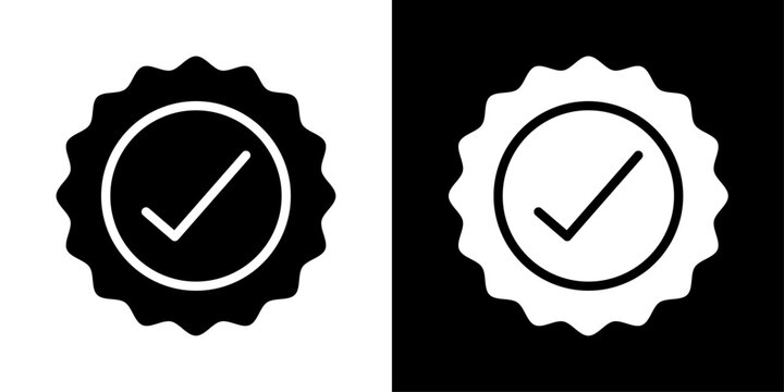 Verified badge icon with check mark seal in solid style representing approval, certification, quality assurance, validation and trusted status.