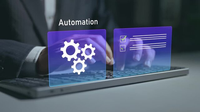 Business workflow automation and checklist system concept. Person typing keyboard with checklist and process flow icons, task tracking, approval management and workflow optimization.