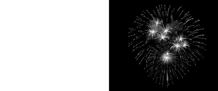 Monochrome fireworks display on black background, white firework burst with alpha channel mask, festive pyrotechnic explosion for holiday compositing