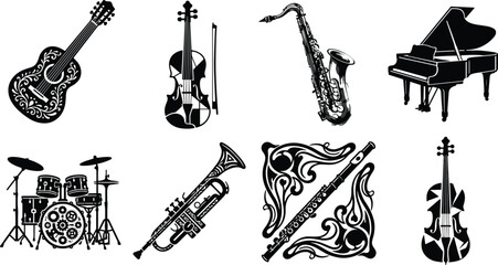 Musical instruments silhouette vector bundle featuring decorative acoustic guitar violin geometric cello saxophone grand © ARNAB