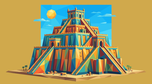 Ancient ziggurat temple, vibrant geometric low poly art, historical monument, desert sun