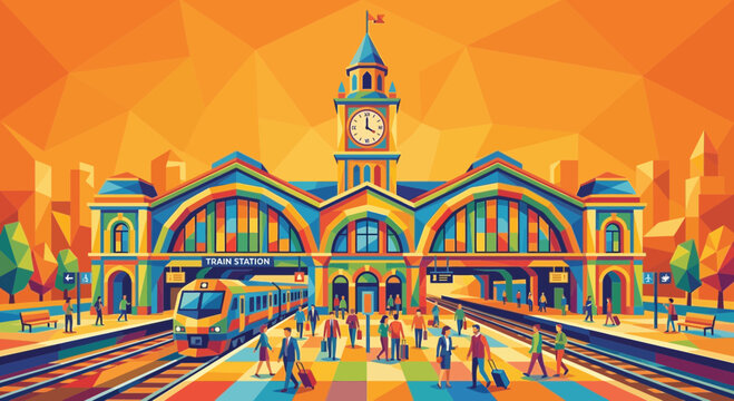 Colorful Geometric Train Station Building with People and Train