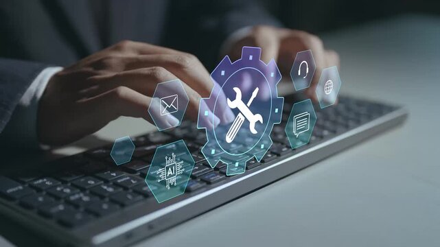Technical support assistance concept. Person typing keyboard with IT support and troubleshooting icons, customer assistance, problem resolution and technology services.