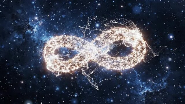 Infinity symbol morphing from glowing golden particles in deep space nebula background, eternity