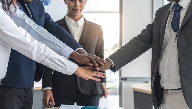 A group of businesspeople in office attire stack their hands together in unity