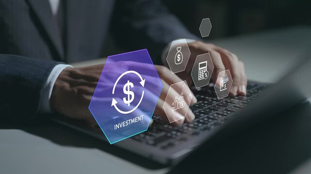 Investment concept. Person using laptop with financial growth and portfolio icons, wealth management, market analysis and long term financial planning.