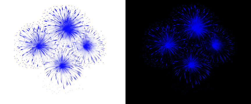 Blue fireworks splash on white and black background, vibrant ink splatter effect, abstract paint burst collection for creative design projects