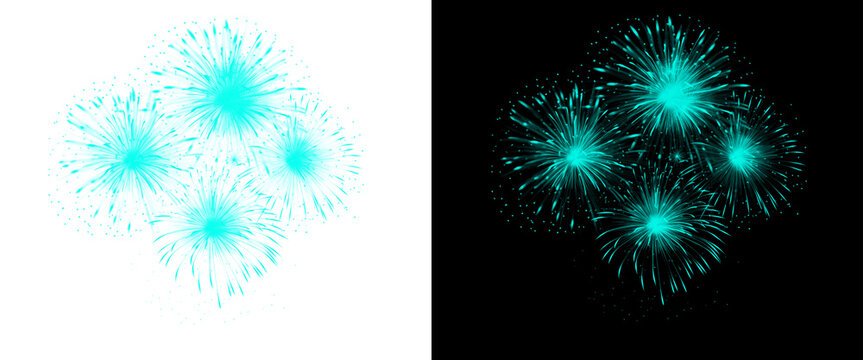 Cyan fireworks bursts on black and white backgrounds, vibrant turquoise pyrotechnic explosions, glowing blue firework display for celebration events