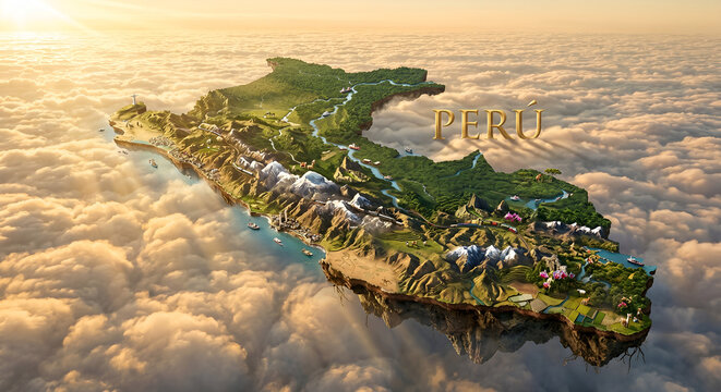 3D Aerial Conceptual Floating Map of Peru Above Clouds Featuring Andes Mountains, Nazca Lines, and Typography