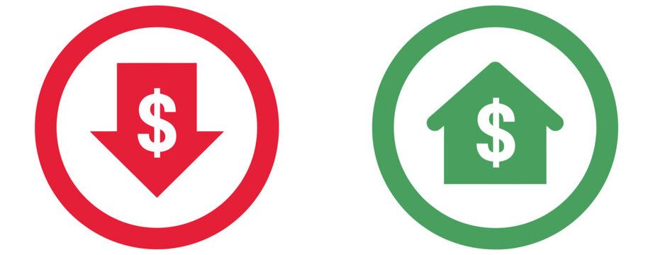Money Increase and Decrease Icons Featuring Price, Profit, Sales, and Rate Indicators with Upward and Downward Arrows