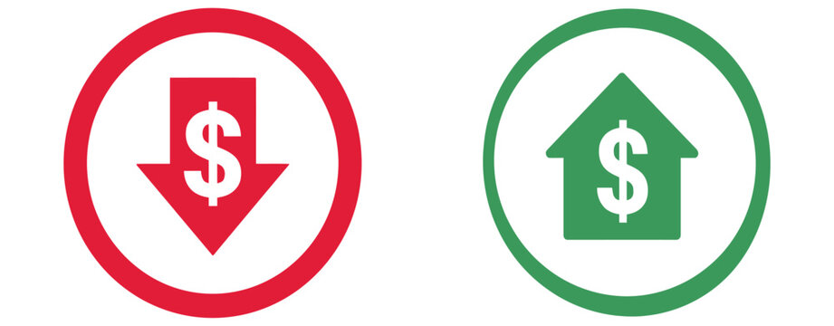 Money Increase and Decrease Icons Featuring Price, Profit, Sales, and Rate Indicators with Upward and Downward Arrows