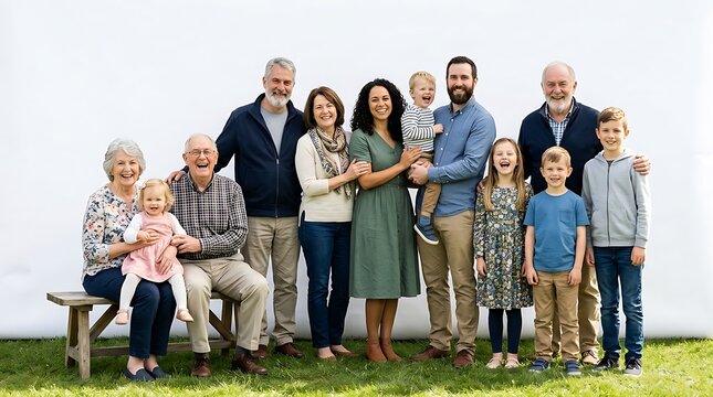 Multi generational happy family posing for a portrait outdoors on grass