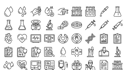 Blood and medical icon set with laboratory testing cardiology and DNA symbols © Shohel