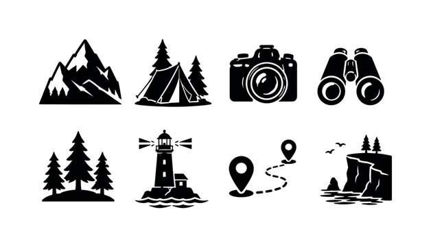 Landscape Exploration. Filled icon set of Landscape Exploration: mountain peak, camping tent, DSLR camera, binoculars, pine trees, lighthouse, route marker, ocean cliffs. Solid icons set. All icons in