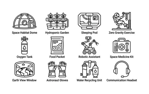 Human Life in Space. Line outline icon set of Human Life in Space: space habitat dome, hydroponic garden, sleeping pod, zero gravity exercise, oxygen tank, food packet, robotic assistant, space
