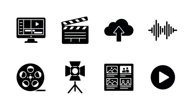 Creative Video Production. Filled icon set of creative video production: editing monitor, cinematic clapboard, media upload cloud, audio waveform, film reel, studio spotlight, creative storyboard,