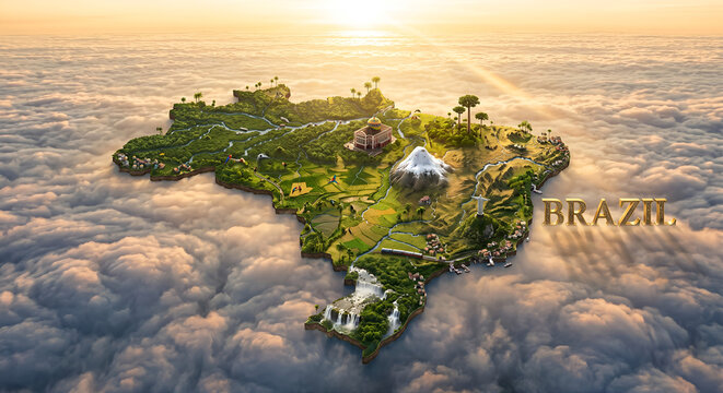 3D Aerial Conceptual Floating Map of Brazil Above Clouds Featuring Amazon Rainforest, Landmarks, and Typography