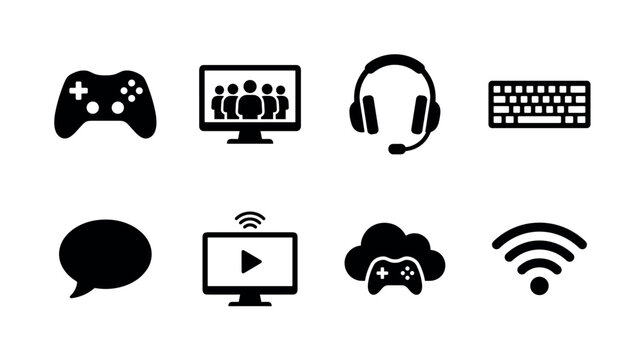 Online Gaming Platforms. Filled icon set of Online Gaming Platforms: gaming controller, online multiplayer screen, headset microphone, gaming keyboard, live chat bubble, streaming monitor, cloud