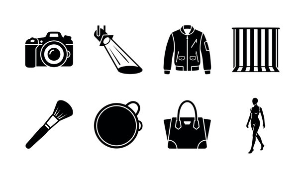 Editorial Fashion Shoots. Filled icon set of Editorial Fashion Shoots: DSLR camera, dramatic light beam, fashion jacket, striped backdrop, makeup brush, photo reflector, stylish handbag, posing