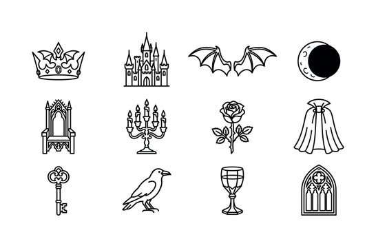 Vampire queen ruling from a dark castle. Line outline icon set of Vampire queen ruling from a dark castle: vampire crown, gothic castle, bat wings, moon eclipse, royal throne, candle candelabra, dark