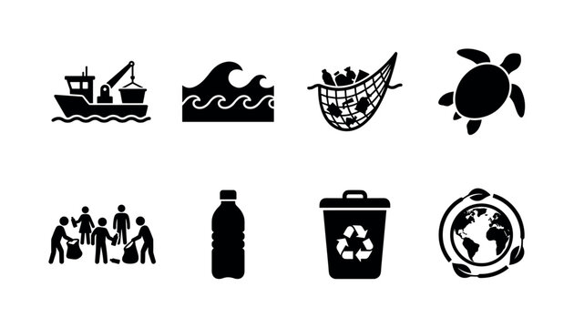 Ocean Clean Up Projects. Filled icon set of Ocean Clean Up Projects: recycling boat, ocean waves, trash collection net, sea turtle, cleanup volunteers, plastic bottle, recycling bin, eco globe. Solid