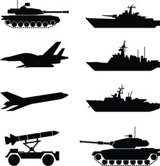 Black silhouettes of military vehicles including tanks fighter jets missile launcher and warships army © Md2003