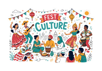 Fototapeta premium Cultural festivals. Vibrant celebration with diverse people sharing traditions, music, dance and decorative elements flowing through a festive open-air scene. Joyful and inclusive atmosphere, subtle