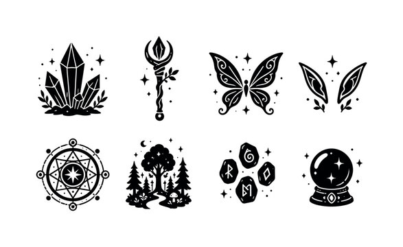 Magical Crystal Gathering. Filled icon set of Magical Crystal Gathering: glowing crystal, wizard staff, fairy wings, elf ears, magic circle, enchanted forest, floating runes, mystical orb. Solid icons