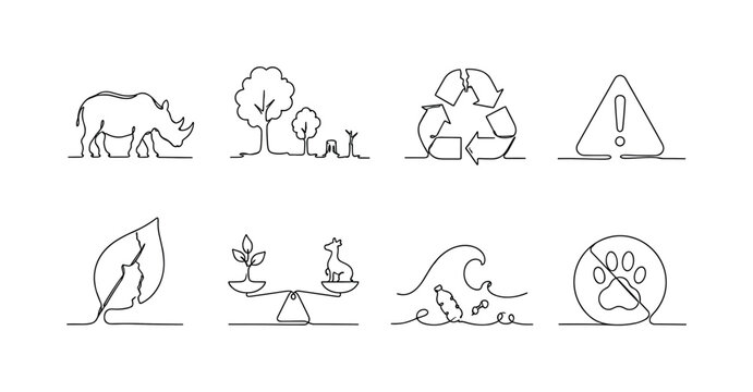"Nature Conservation Concern". Minimalistic set one-line drawing endangered animal silhouette, shrinking forest, recycling symbol broken, warning triangle, leaf with crack, ecosystem balance scale,