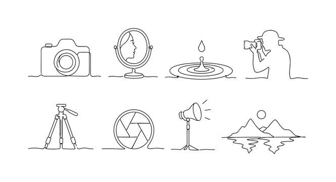 "Photography Reflections". Minimalistic set one-line drawing camera, mirror reflection, water surface ripple, photographer silhouette, tripod, lens aperture, light source, landscape reflection,