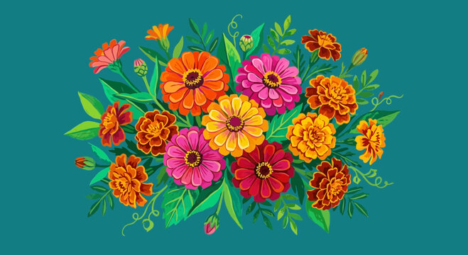 Vibrant floral bouquet, colorful zinnia and marigold flowers. Hand-drawn illustration.