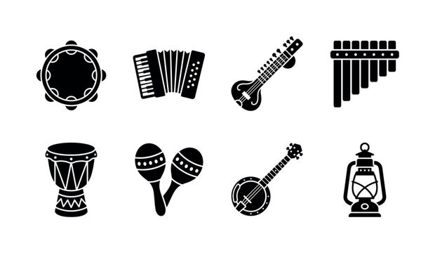 World Folk Music. Filled icon set of world folk music: tambourine, accordion, sitar instrument, pan flute, tribal drum, maracas, banjo, cultural lantern. Solid icons set. All icons in only black