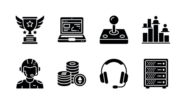 Digital Gaming Community. Filled icon set of Digital Gaming Community: esports trophy, gaming laptop, joystick controller, online leaderboard, player avatar, virtual coins, voice chat headset, game