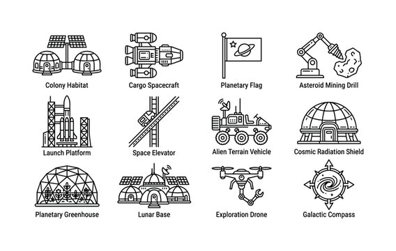 Interplanetary travel and colonization. Line outline icon set of Interplanetary travel and colonization: colony habitat, cargo spacecraft, planetary flag, asteroid mining drill, launch platform, space