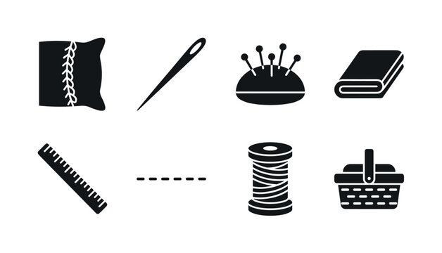 Home Textile Stitching. Filled icon set of Home Textile Stitching: pillow seam detail, zigzag stitch, sewing thread, cloth cutter, fabric pattern, tailor pins, seam guide, soft cushion. Solid icons
