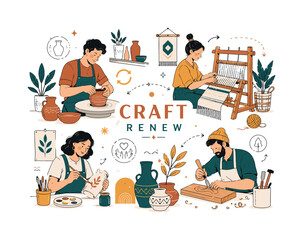Fototapeta premium Craft renaissance. Modern makers reviving traditional handmade skills, pottery wheels and weaving tools surrounded by fresh creative energy. Inspiring and cultural atmosphere, subtle lettering like