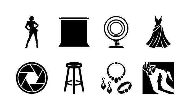 High-Contrast Fashion Portraits. Filled icon set of High-Contrast Fashion Portraits: stylish model pose, monochrome backdrop, ring light, couture dress, photography shutter, studio stool, fashion