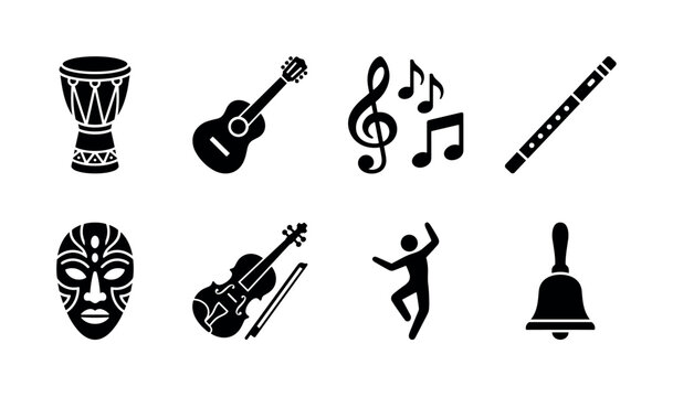 Musical Traditions. Filled icon set of Musical Traditions: traditional drum, folk guitar, musical notes, cultural flute, heritage mask, string instrument, dancing figure, ceremonial bell. Solid icons