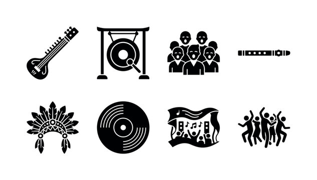 World Music Traditions. Filled icon set of World Music Traditions: sitar instrument, ceremonial gong, choir singers, ethnic flute, cultural headdress, vinyl record, music festival banner, dancing