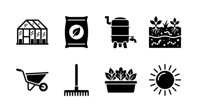 Sustainable Backyard Farming. Filled icon set of Sustainable Backyard Farming: home greenhouse, organic fertilizer bag, rainwater collection tank, healthy soil layers, wheelbarrow, garden rake, herb