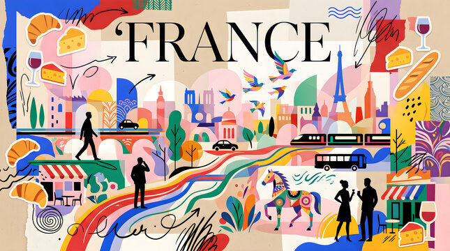 Vibrant France travel collage banner with Paris landmarks