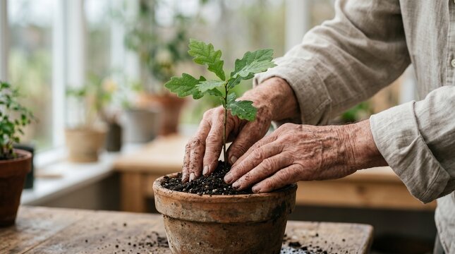 Elderly hands carefully planting a small oak tree sapling in terracotta pot, indoor garden background, soft natural lighting, sustainability and growth business concept