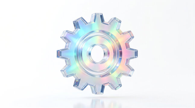 Iridescent glass gear symbol representing innovation and technical solutions on a minimalist white background