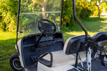 Close up interior view of a golf cart showing steering wheel, dashboard and seat with green and autumn colored trees in the background © Татьяна Швец
