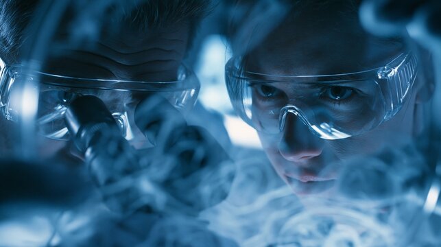 Scientists observe swirling microorganisms in a petri dish under a microscope, curious mood, cool blue laboratory lighting, tight composition with blurred motion trails.
