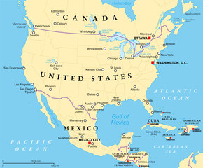 Naklejka premium Canada below the territories, United States, and Mexico, political map, with capitals and largest cities. Canada south of 60, USA, and Mexico, with borders of countries, states, and provinces. Vector