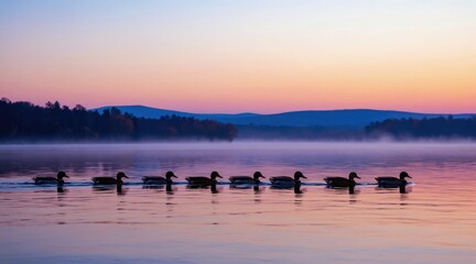 Mallard ducks swim in line across calm lake at sunrise. Mist rises from water surface over forest hills. Colorful sky hues blend with gentle waves.
