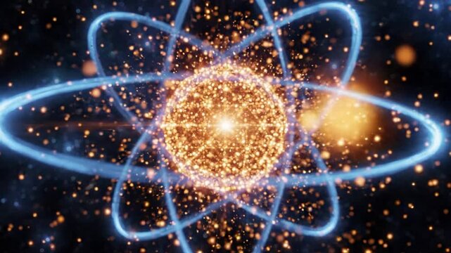 Glowing atomic structure with orbiting electrons and golden particle energy field physics science quantum