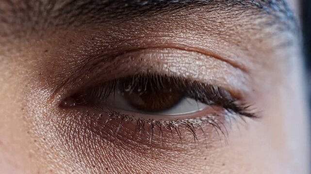 Close-up view of a person's eye with detailed skin texture and brown iris