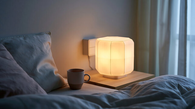 close up of bedside table with glowing lamp smart speaker device and mug in cozy bedroom